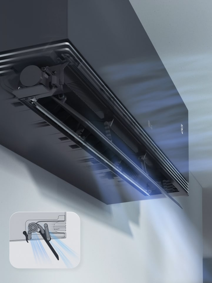 LG airconditioner met dual vane-technologie die de luchtstroom stuurt voor verbeterde koelings- en verwarmings effici?ntie.