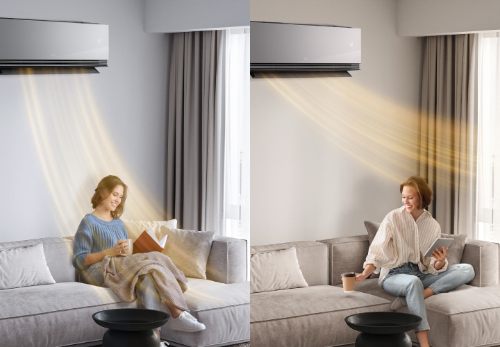 Een vrouw geniet van AI Verwarming van een LG airconditioner, die op maat gemaakte warme luchtstroom biedt voor optimaal comfort.