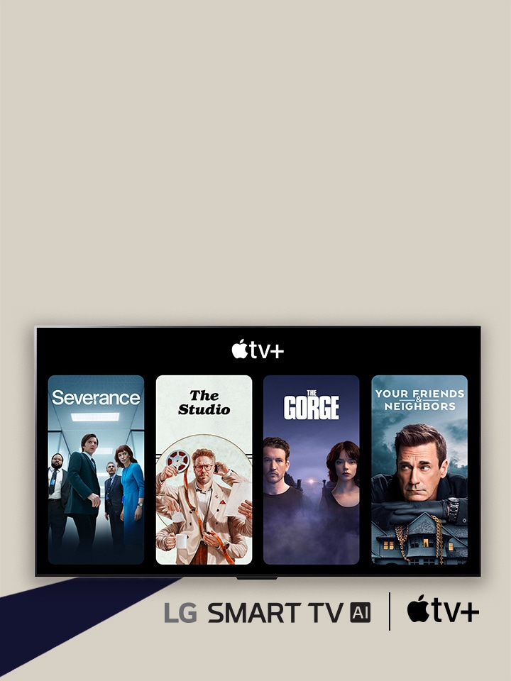 LG SMART TV AI(ロゴ)とApple(ロゴ)tv+が隣り合って表示されている。LG TVで、 Apple (ロゴ) tv+4本のTV番組（セヴェランス、ザ?スタジオ、ザ?ゴージ、ユア?フレンズ＆ネイバーズ）のサムネイルが表示されている。