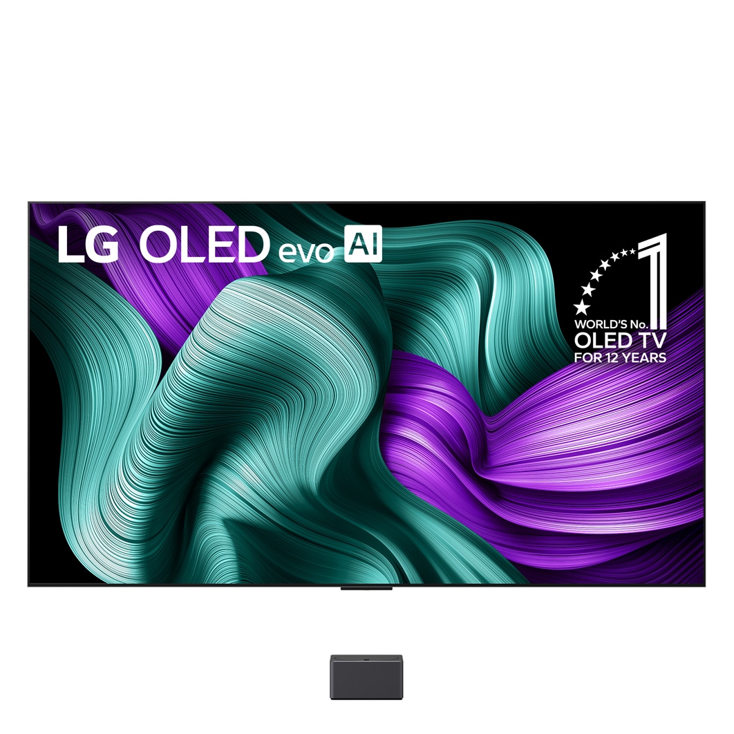 Front view of LG SIGNATURE OLED M5 TV. 12 Years of world number 1 OLED emblem and LG SIGNATURE OLED M logo are on the screen. Zero Connect Box in the corner with the title, Zero Connect Box with 4K wireless video & audio transfer
