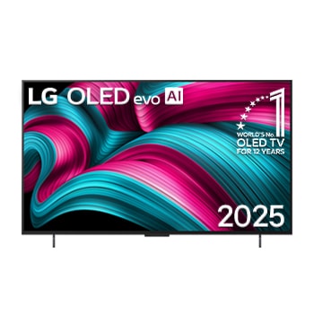 LG OLED evo AI C5 4KスマートTVの正面図。12年間OLED世界一というエンブレムと、LG OLED evo AI 2025ロゴが畫面に表示される。
