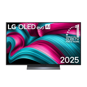 LG OLED evo AI C5 4KスマートTVの正面図。12年間OLED世界一というエンブレムと、LG OLED evo AI 2025ロゴが畫面に表示される。