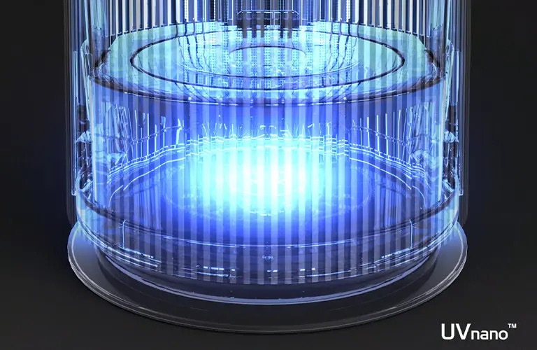製品內部で、バクテリアがUVnano? テクノロジーで除去される様子を示しています。