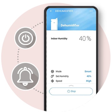 スマートフォンの畫面と除濕機の機能性を示すアイコン。