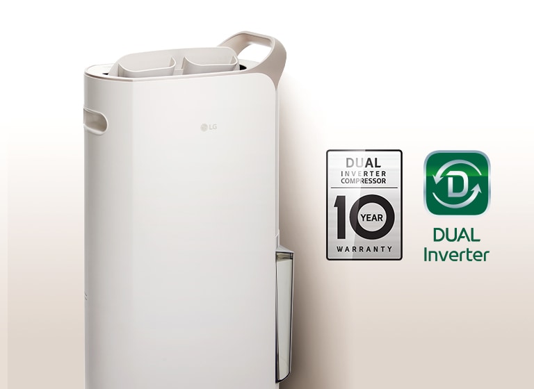 除濕機製品畫像と10年保証のDUAL Inverter Compressorのロゴ。