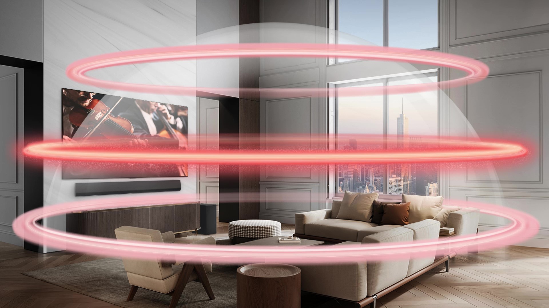豪華なマンションにLG SoundbarとLG TVが設置されている。バーチャルレイヤーを示す3つの赤い帯が交互に現れ、それらが集まってサウンドドーム全體を形成する。