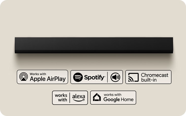 俯瞰視點からのLG Soundbar。 Apple AirPlayのロゴ Amazon Alexaのロゴ Google Homeのロゴ