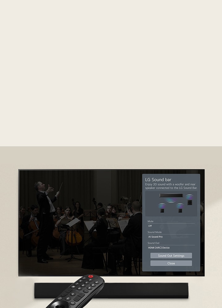 LGリモコンが、下にLG Soundbarが置いてあるLG TVへと向けられている。LG TVの畫面にSoundbar Controlメニューが表示されている。