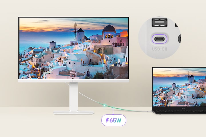 ノートパソコンがUSB-C経由でLG Smart Monitorに接続されている。USB-Cで充電しながら同じ畫面を表示している。	
