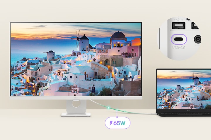 ノートパソコンがUSB-C経由でLG Smart Monitorに接続されている。USB-Cで充電しながら同じ畫面を表示している。