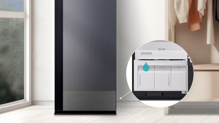 LG Stylerは扉を閉めたままで、最大10リットルの部屋の濕気を取り除きます。