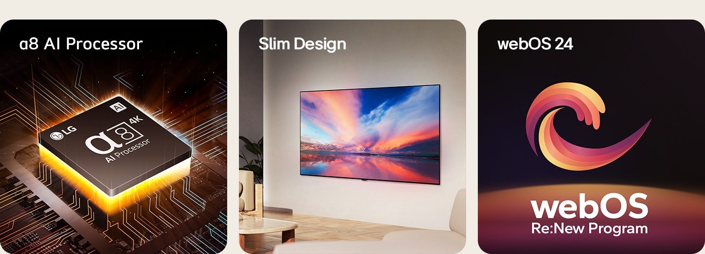 マザーボードの上のLG α8 AIプロセッサーからオレンジの光が放たれる。  OLED TVの畫面に表示されたサポートメニューで、OLEDケアメニューが選択されている。  スリムライン設計であることを示すため、現代的な生活空間の壁にマウントされている。