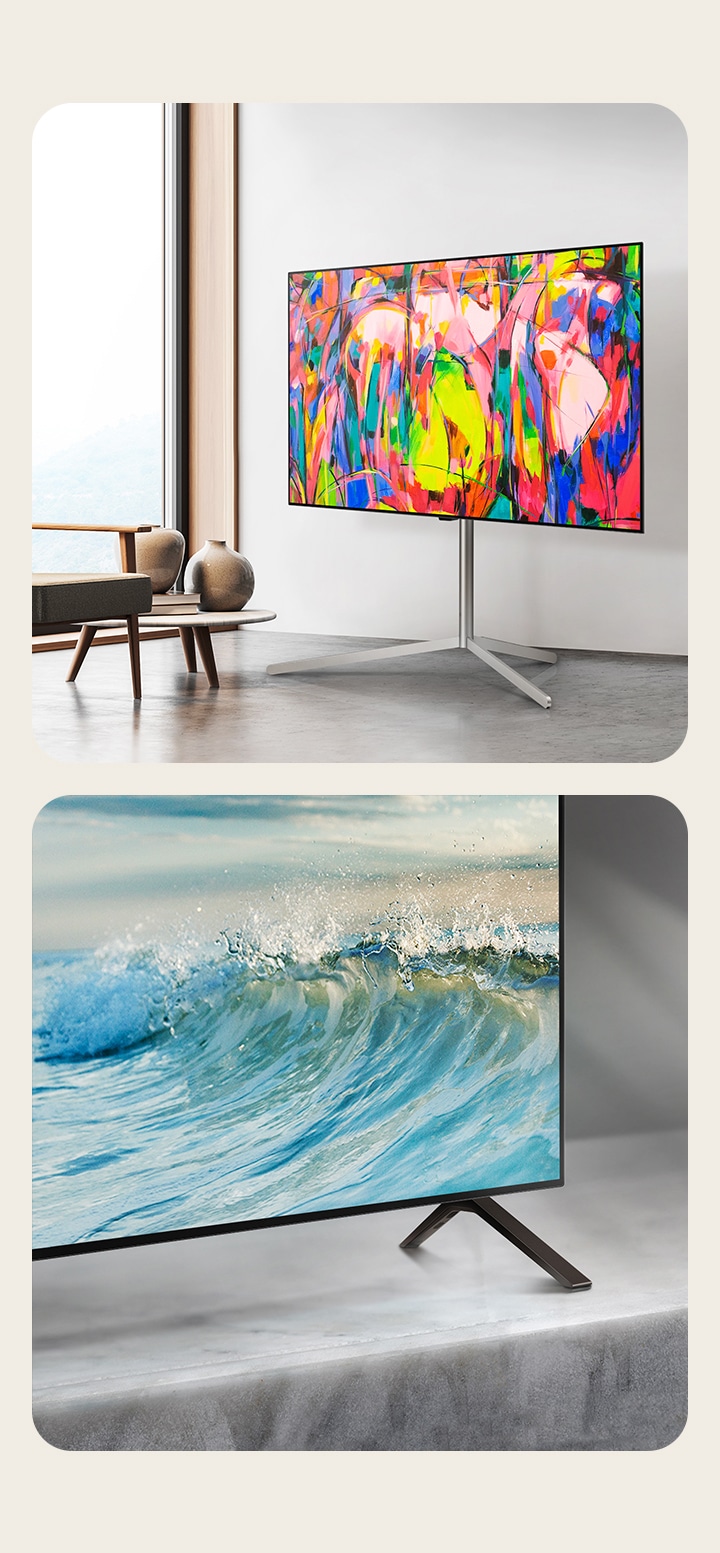 大理石のテーブルトップに載せられたLG OLED TV、OLED B4のスタンドの下隅。畫面に水色の波模様が表示されている。  ミニマリストな空間に設置されたスタンド型LG OLED TV、OLED B4。