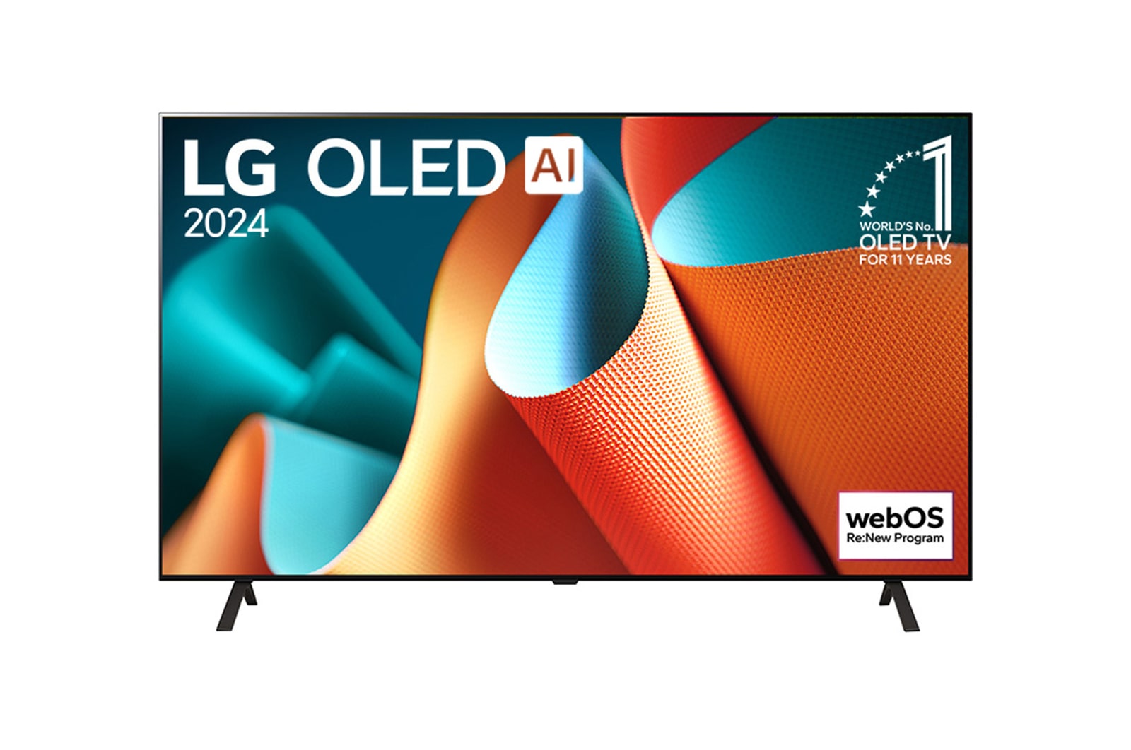 LG OLED TV、OLED B4Eの正面畫像。11年連続世界第1位のエンブレムとwebOS Re:Newプログラムlogoが2本のポールスタンドを使用した畫面に映し出される