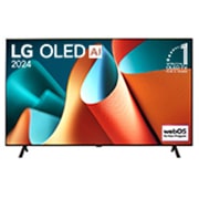 LG OLED TV、OLED B4Eの正面畫像。11年連続世界第1位のエンブレムとwebOS Re:Newプログラムlogoが2本のポールスタンドを使用した畫面に映し出される