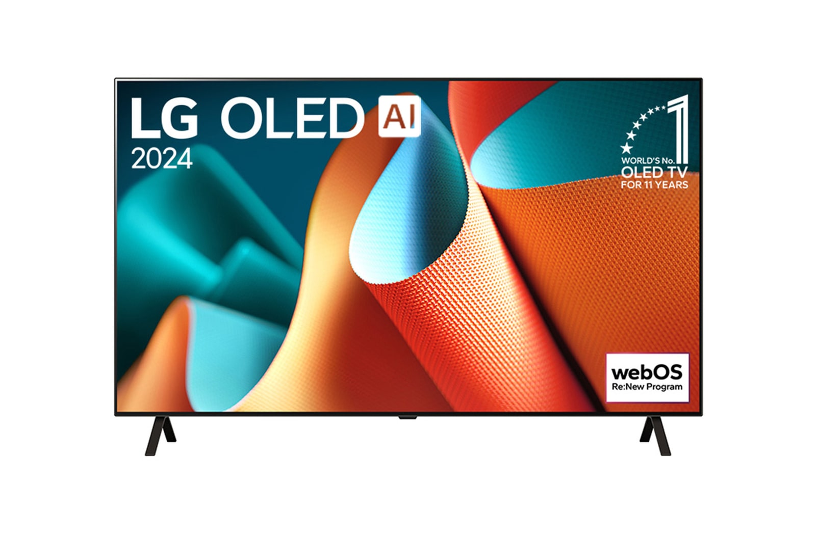 LG OLED TV、OLED B4Eの正面畫像。11年連続世界第1位のエンブレムとwebOS Re:Newプログラムlogoが2本のポールスタンドを使用した畫面に映し出される