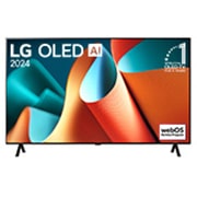 LG OLED TV、OLED B4Eの正面畫像。11年連続世界第1位のエンブレムとwebOS Re:Newプログラムlogoが2本のポールスタンドを使用した畫面に映し出される