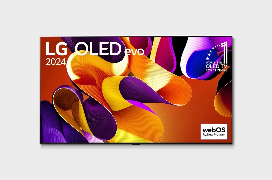 Вид спереди на телевизор LG OLED evo, OLED G4, эмблема ?OLED №1 в течение 11?лет? на экране