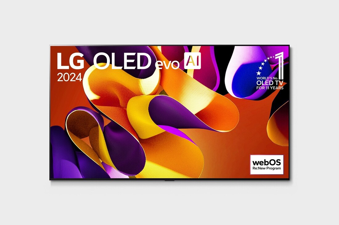 Вид спереди на телевизор LG OLED evo, OLED G4, вид на эмблему ?OLED №1 в течение 11 лет? на экране, а также на расположенную ниже звуковую панель