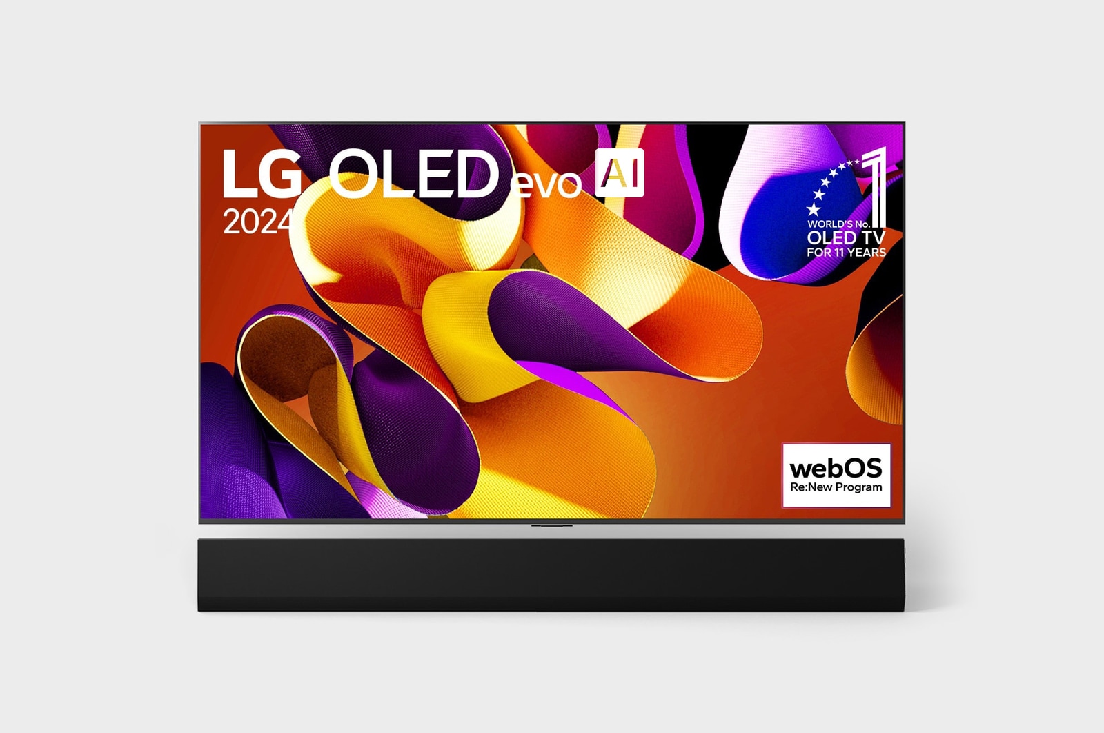 Вид спереди на телевизор LG OLED evo, OLED G4, вид на эмблему ?OLED №1 в течение 11 лет? на экране, а также на расположенную ниже звуковую панель