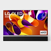 Вид спереди на телевизор LG OLED evo, OLED G4, вид на эмблему ?OLED №1 в течение 11 лет? на экране, а также на расположенную ниже звуковую панель