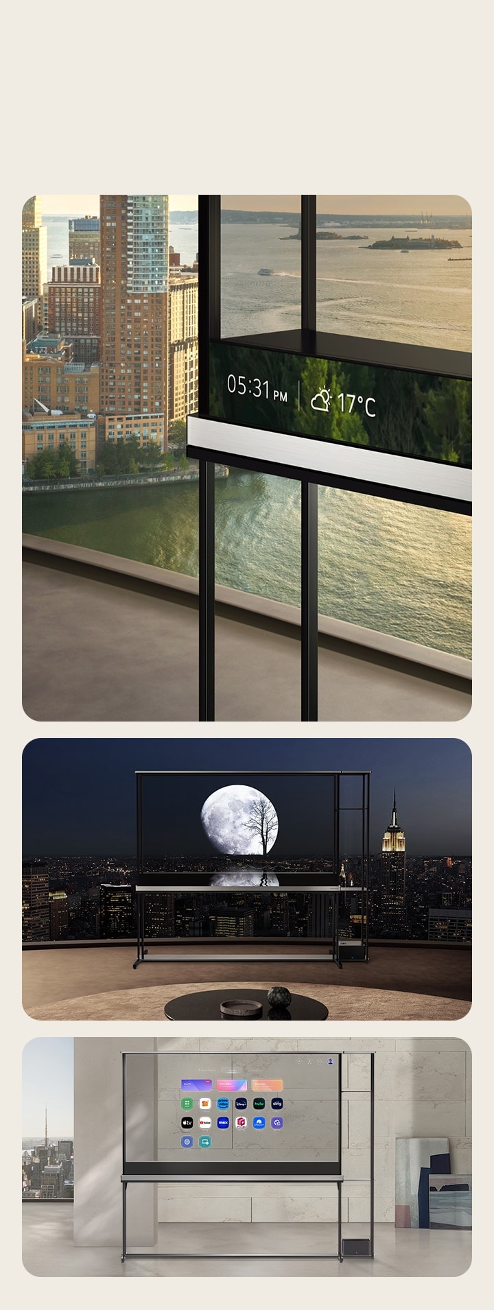 T-Contents под различными углами на LG Signature OLED T в прозрачном режиме. Один показывает крупный план информационной панели. Другой?— значки webOS от LG, которые как-будто парят в воздухе. Еще один?— Луну, которая смешивается с реальным вечерним горизонтом за окном.