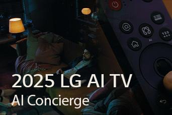 Виден заголовок: ?2025 LG AI TV, Al Concierge?. Виден пульт LG Al Magic Remote. Мужчина сидит на диване.