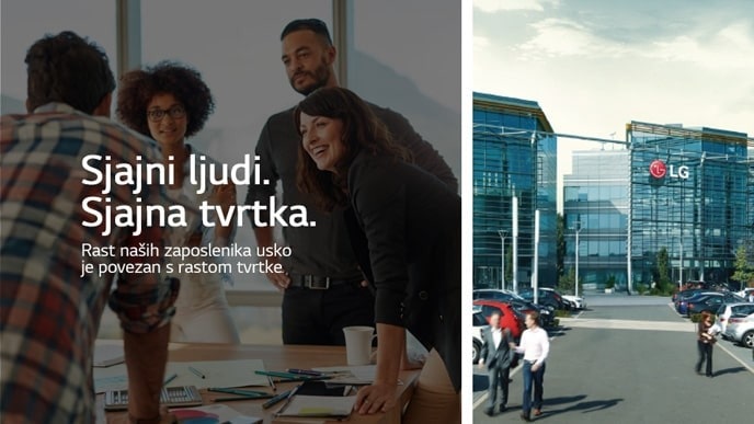 Four people gathered around a table for a meeting on the left, LG Electronic's UK office on the right. Text reads &quot;Great People. Great Company. The growth of our employees is closely linked to the growth of the company&quot;.
