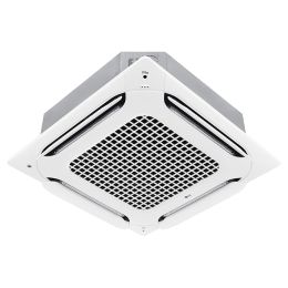 Ceiling Mounted Cassette имеет открытую лопасть в 4?модификациях и входную зону в центре, а над ними находится серый шкафчик, соединенный с потолком.