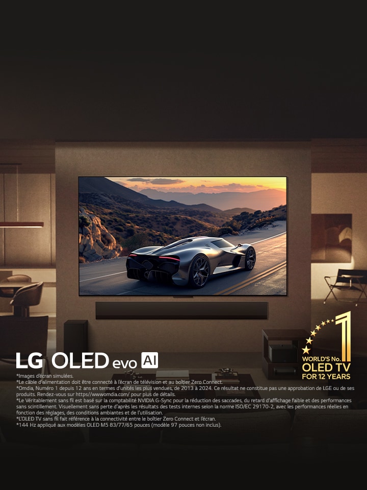 Salon élégant avec la TV LG OLED evo M5 fixée au mur. Une LG Soundbar est en dessous. Bo?tier Zero Connect placé sous une table d’appoint. Aucun cable n’est visible, mettant en valeur la technologie Véritablement sans fil de la TV. L’emblème OLED TV numéro un mondial depuis 12?ans et le logo LG OLED evo AI sont visibles. 