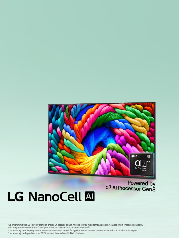La LG NanoCell TV est légèrement inclinée vers la gauche et représente des fils colorés. Le logo processeur alpha 7 AI de 8ème génération est situé dans le coin inférieur droit de la TV. L’arrière-plan est un léger dégradé bleu sarcelle. Le texte est également visible, alimenté par le processeur alpha 7 AI de 8ème génération.