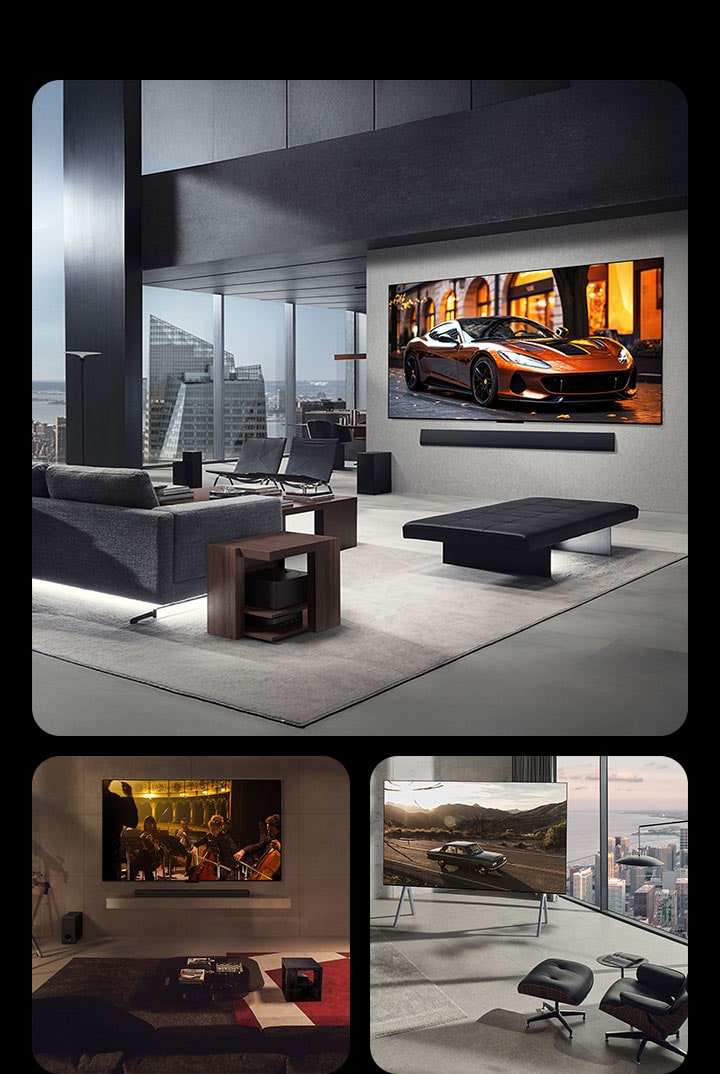 Trois salons différents avec une TV LG True Wireless montrant à quel point l’espace est sans encombrement sans avoir besoin de cables. Le bo?tier Zero Connect est également dissimulé quelque part, presque invisible.