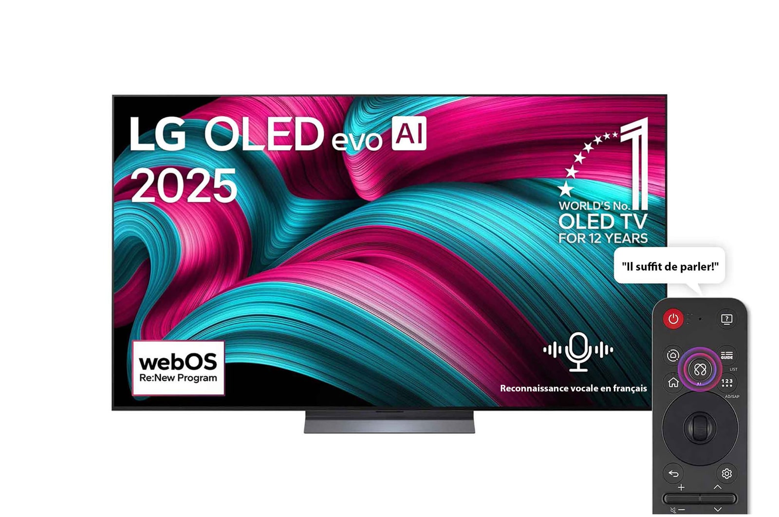 Vue avant de la Smart TV LG OLED evo AI C5 4K. L’emblème OLED numéro 1 dans le monde pendant 12?ans et le logo LG OLED evo AI 2025 sont à l’écran.