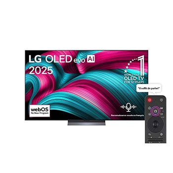 Vue avant de la Smart TV LG OLED evo AI C5 4K. L’emblème OLED numéro 1 dans le monde pendant 12?ans et le logo LG OLED evo AI 2025 sont à l’écran.