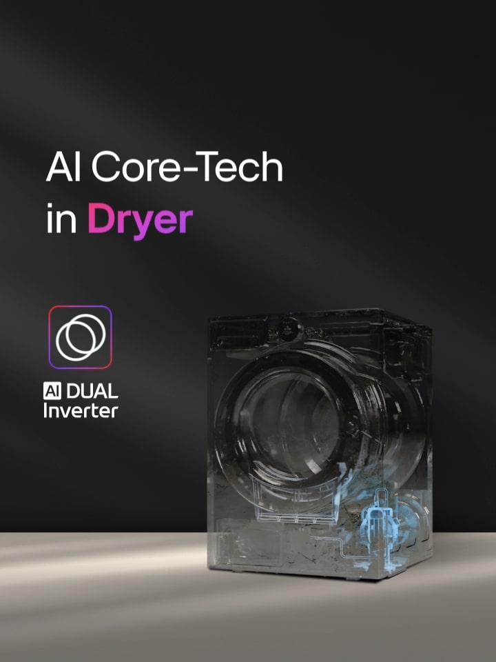 Un sèche-linge LG est représenté avec une vue transparente du composant AI Dual Inverter, ainsi que le titre ? AI Core-Tech in Dryer ? et l'emblème AI Dual Inverter, avec un ? D ? au centre entouré de deux flèches formant une boucle, sont affichés sur un fond sombre avec une bordure rose et violette.