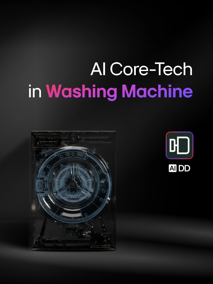 Un lave-linge LG est représenté avec une vue transparente du composant AI DD, ainsi que le titre ? AI Core-Tech in Washing Machine ? et l'emblème AI DD avec des lettres 'DD' stylisées, représentant la technologie AI Direct Drive, sont affichés sur un fond sombre avec une bordure rose et violette.