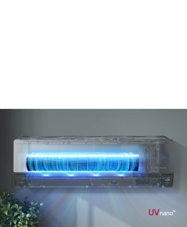Climatiseur mural LG Dual Inverter avec lumière bleue UVnano, monté au-dessus d'une fenêtre avec des plantes en bas à gauche.	125
