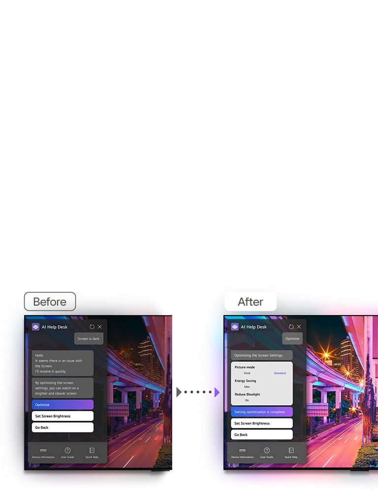 Les images Avant et Après d'un LG TV sont affichées c?te à c?te. L'écran Avant présente une image sombre avec une fenêtre contextuelle pour le service d'assistance par IA. L'utilisateur écrit dans le chat : "L'écran est sombre". La réponse est la suivante : "Bonjour, il semble qu'il y ait un problème avec l'écran. Je résoudrai le problème rapidement. En optimisant les paramètres de l'écran, vous pouvez profiter d'un écran plus lumineux et plus clair". L'utilisateur clique sur le bouton Optimize (Optimiser). L'écran Après offre une image plus claire et plus lumineuse. La fenêtre contextuelle du service d'assistance par IA indique : "Optimisation des paramètres de l'écran. Mode Image = Vivid économie d'énergie = max. Réduction de la lumière bleue = activée. L'optimisation des réglages est terminée".
