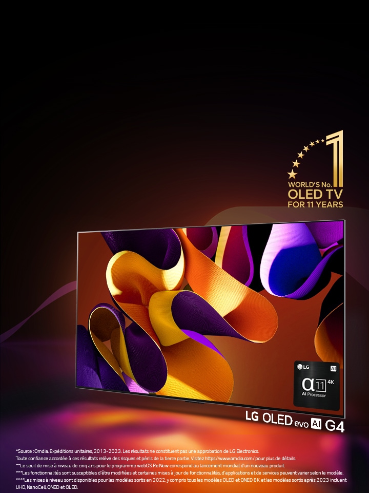 Une image du LG OLED evo G4 avec une ?uvre d'art abstraite et colorée à l'écran sur un fond noir avec de subtils tourbillons de couleurs. La lumière rayonne de l'écran, projetant des ombres colorées. Le processeur α11 AI 4K se trouve dans le coin inférieur droit de l'écran du téléviseur. L'emblème ??Téléviseur OLED n°?1 mondial depuis 11 ans?? est présent sur l'image. Une clause de non-responsabilité est la suivante?: ??Source?: Omdia. Expéditions d'unités, 2013-2023. Les résultats ne constituent pas une approbation de LG Electronics. Toute confiance accordée à ces résultats est aux risques et périls du tiers. Visitez https://www.omdia.com/ pour plus de détails.??