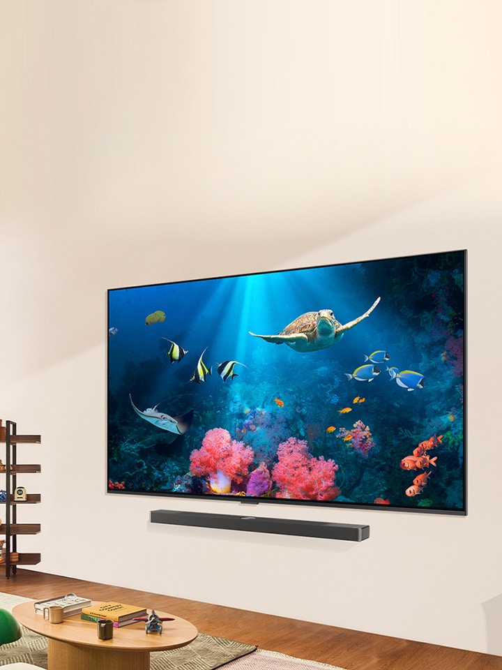 Une image d'une famille regardant une scène aquatique lumineuse sur un téléviseur LG QNED et une barre de son LG dans un espace de vie lumineux et naturel.