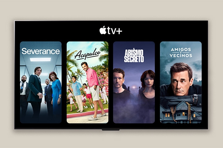 En el televisor LG, cuatro miniaturas de programas de televisión (Severance, The Studio, The Gorge y Your Friends and Neighbors) se colocan debajo del logotipo de Apple tv+.