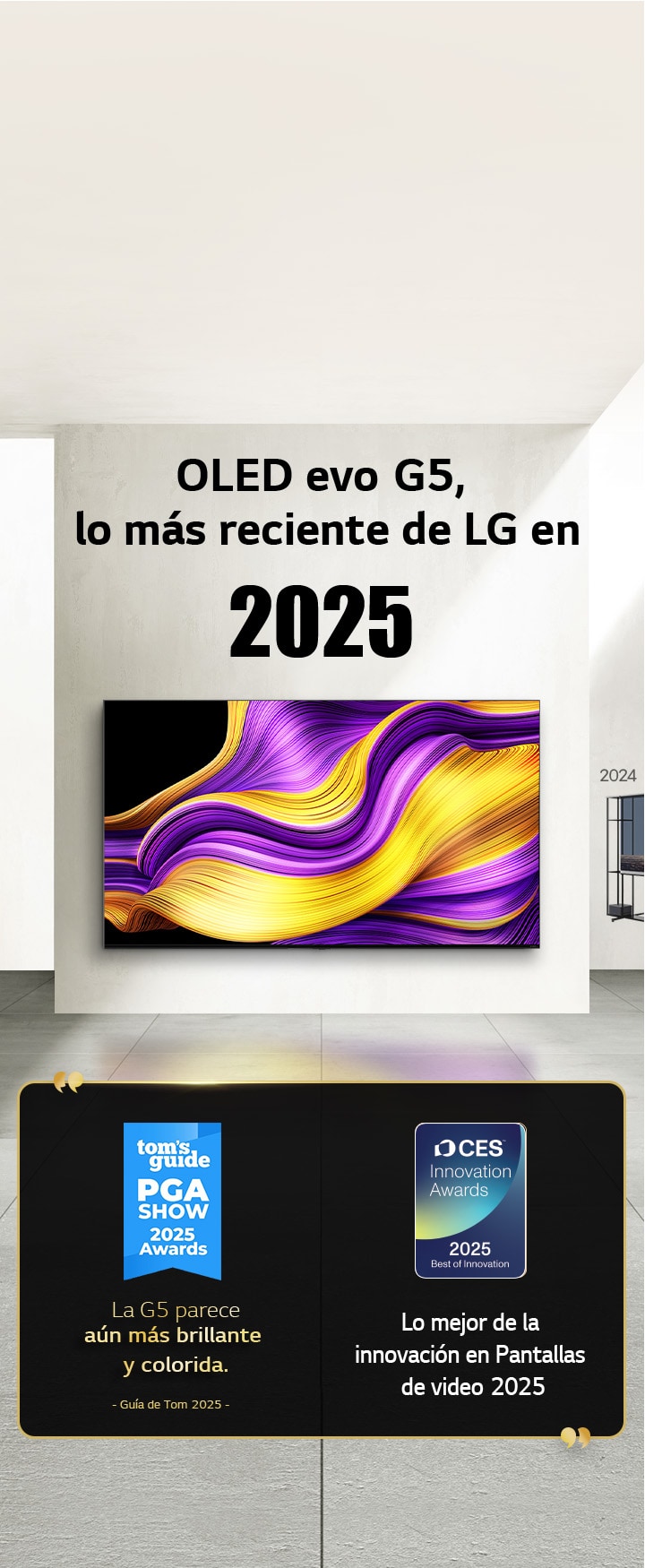 LG TV. El título dice “La última OLED evo?G5 de LG 2025”. Junto a él, las menciones de los premios. La Guía de Tom: “La G5 parece aún más brillante y colorida”. Lo mejor de la innovación en Pantallas de video?2025 de los premios CES Innovation Awards. 