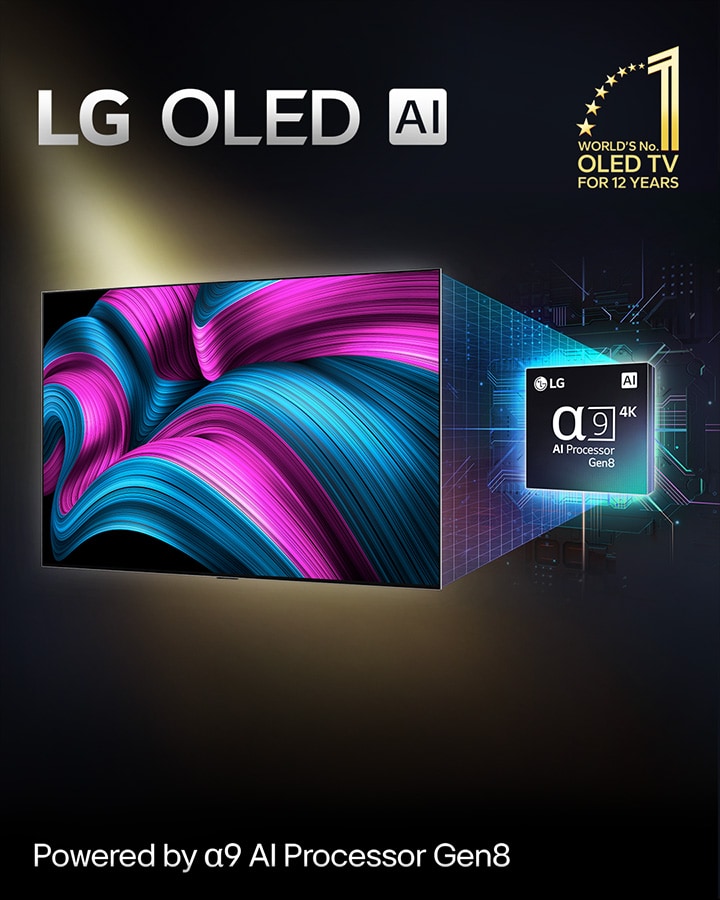 En la pantalla de una TV LG OLED AI aparece una imagen abstracta con detalles, colores y un contraste impactantes. Detrás de la TV, se muestra una versión ampliada del procesador alpha?9 AI Gen8. Brilla con una luz que ilumina los circuitos de microchips a su alrededor. El título dice LG OLED AI. También puede verse el texto: Con la tecnología del procesador LG alpha?9 AI Gen8. En la esquina aparece un logotipo dorado con estrellas que dice: OLED TV número uno del mundo durante 12?a?os. 
