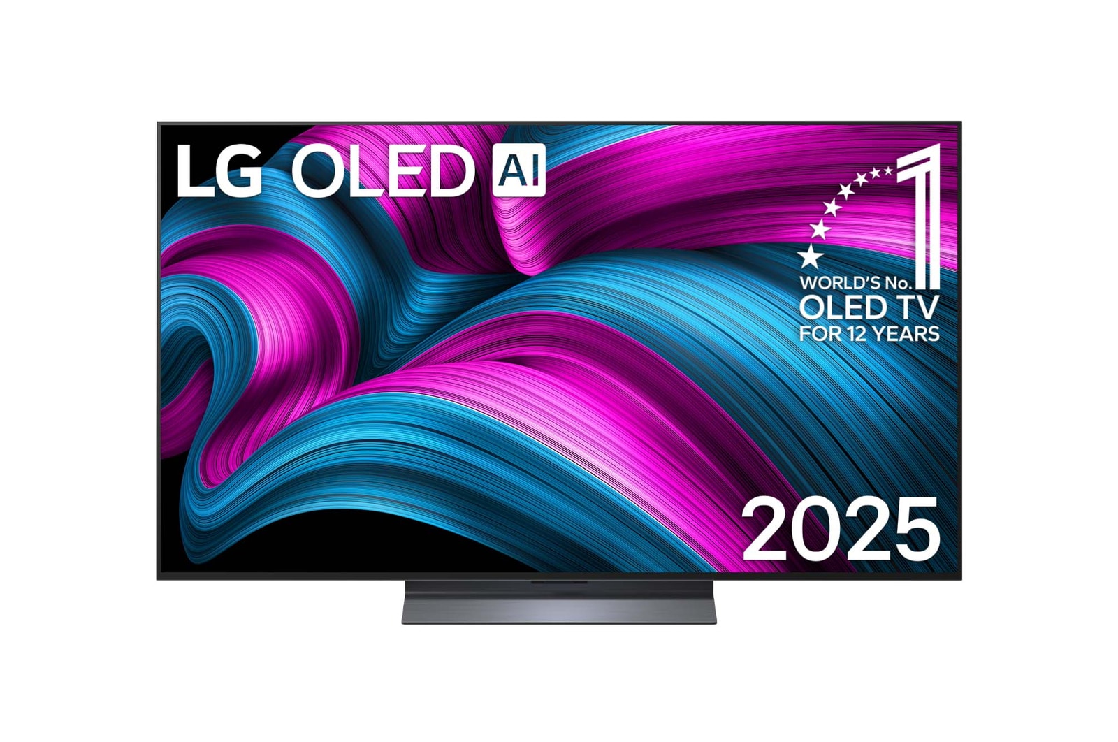Vista de frente de la Smart TV LG OLED AI C5E 4K. El emblema de OLED de ser el n.o?1 del mundo durante 12?a?os y el logotipo de LG OLED AI?2025 aparecen en la pantalla.