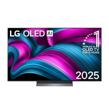 Vista de frente de la Smart TV LG OLED AI C5E 4K. El emblema de OLED de ser el n.o?1 del mundo durante 12?a?os y el logotipo de LG OLED AI?2025 aparecen en la pantalla.