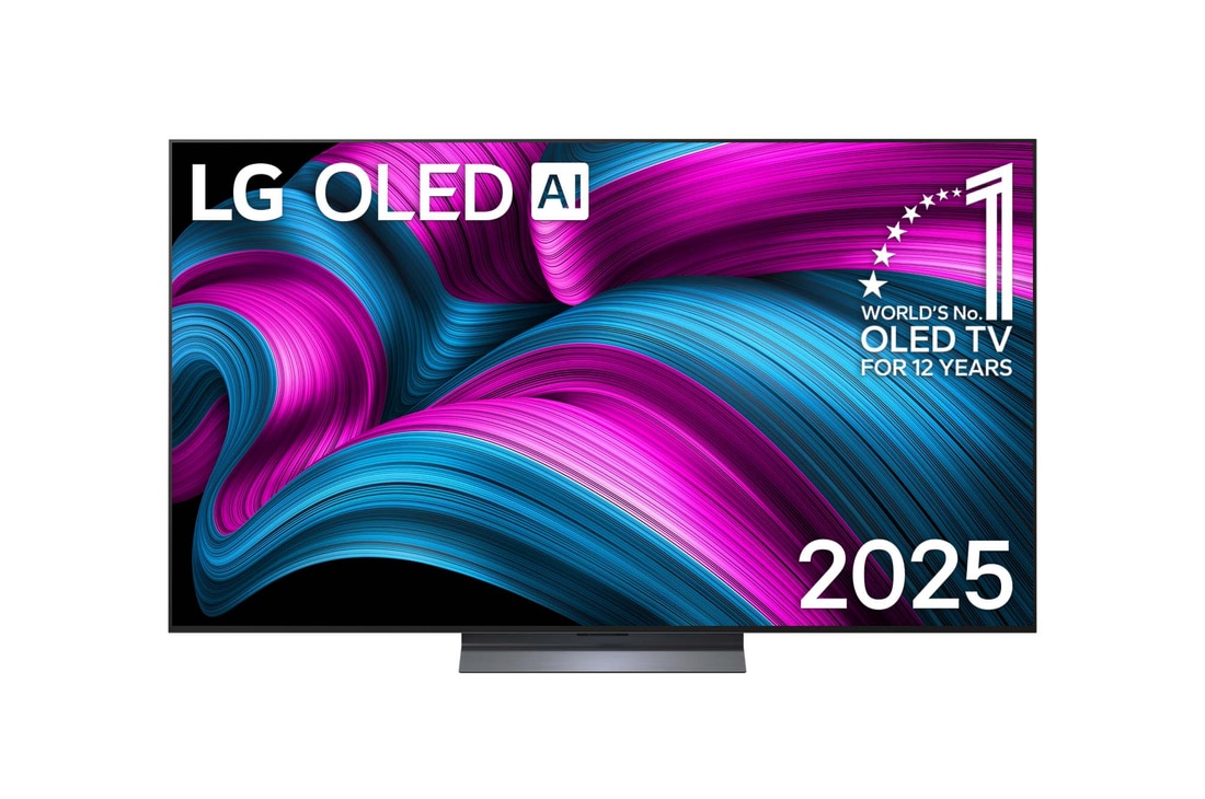 Vista de frente de la Smart TV LG OLED AI C5E 4K. El emblema de OLED de ser el n.o?1 del mundo durante 12?a?os y el logotipo de LG OLED AI?2025 aparecen en la pantalla.