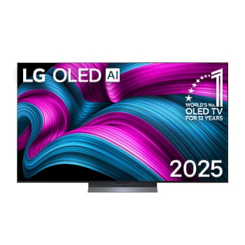 Vista de frente de la Smart TV LG OLED AI C5E 4K. El emblema de OLED de ser el n.o?1 del mundo durante 12?a?os y el logotipo de LG OLED AI?2025 aparecen en la pantalla.