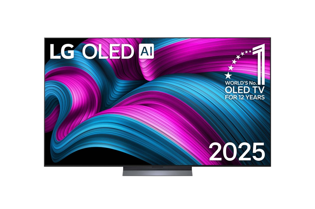 Vista de frente de la Smart TV LG OLED AI C5E 4K. El emblema de OLED de ser el n.o?1 del mundo durante 12?a?os y el logotipo de LG OLED AI?2025 aparecen en la pantalla.