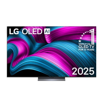 Vista de frente de la Smart TV LG OLED AI C5E 4K. El emblema de OLED de ser el n.o?1 del mundo durante 12?a?os y el logotipo de LG OLED AI?2025 aparecen en la pantalla.