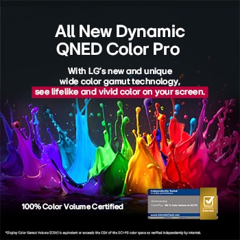 Salpicaduras de pintura de diversos colores irrumpen desde el suelo hacia arriba. Certificación Intertrek que muestra las pruebas independientes debajo de la imagen. El título habla de la nueva y exclusiva tecnología de amplia gama de colores de LG, que permite ver colores vivos en la pantalla.